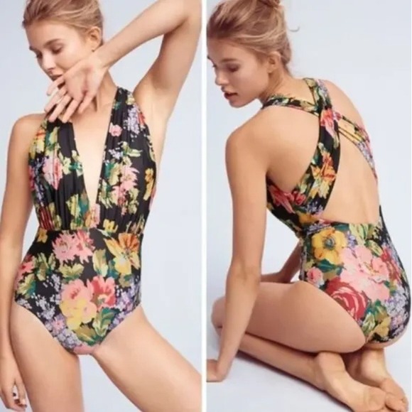 Anthropologie Allihop Black Floral Zinnia Plunge One Piece Swimsuit Boho L - Picture 2 of 9